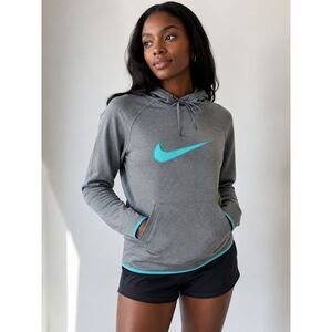 Nike Therma-FIT Heather Grey Teal Embroidered Swoosh Hoodie Size M